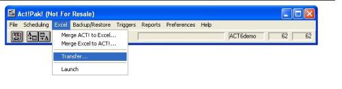 ACTPAK Menu option to trasfer info to EXCEL